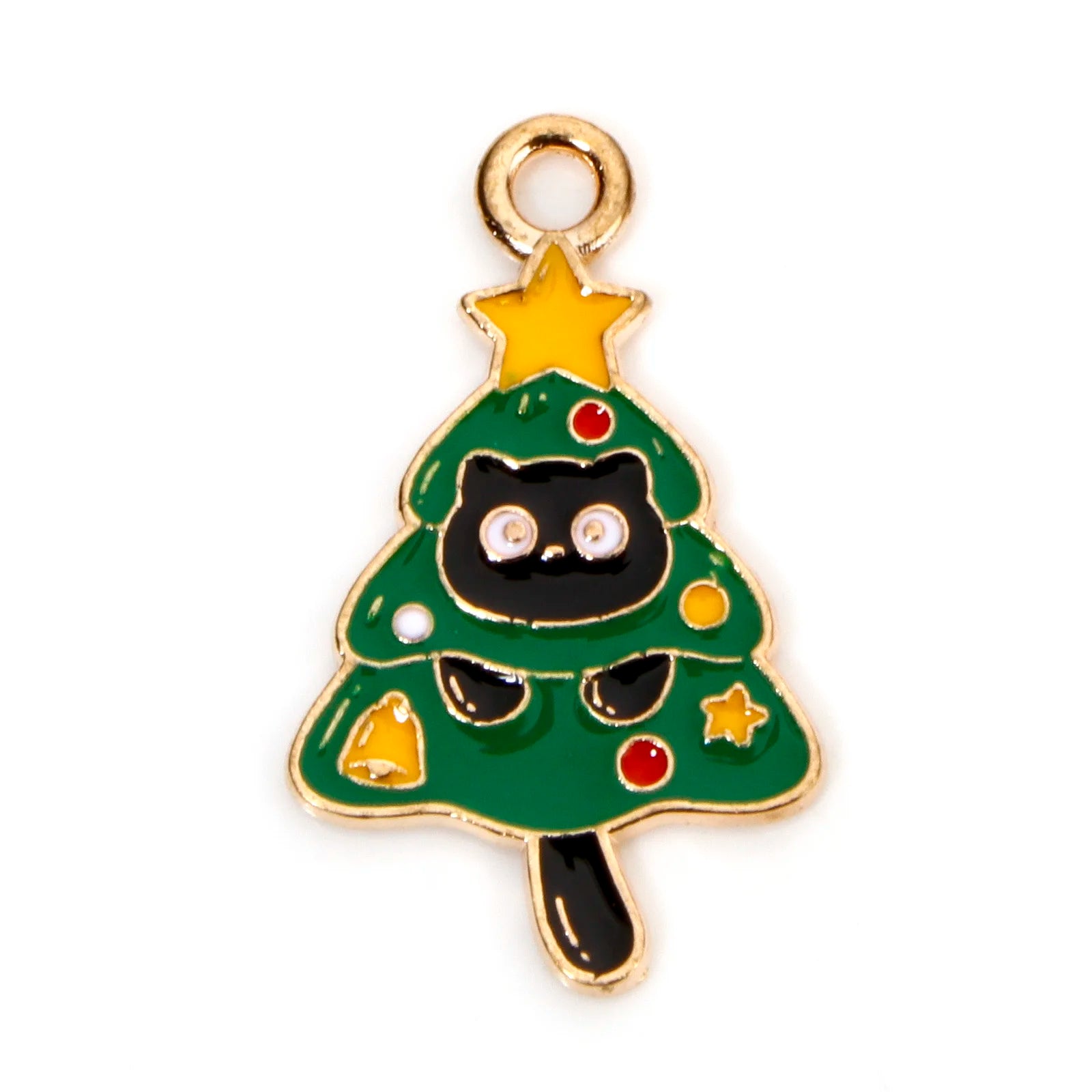 10pcs New Christmas Charms Multicolor Cat Animal Christmas Tree Bell Enamel Metal Pendants DIY Women Necklace Earrings Jewelry