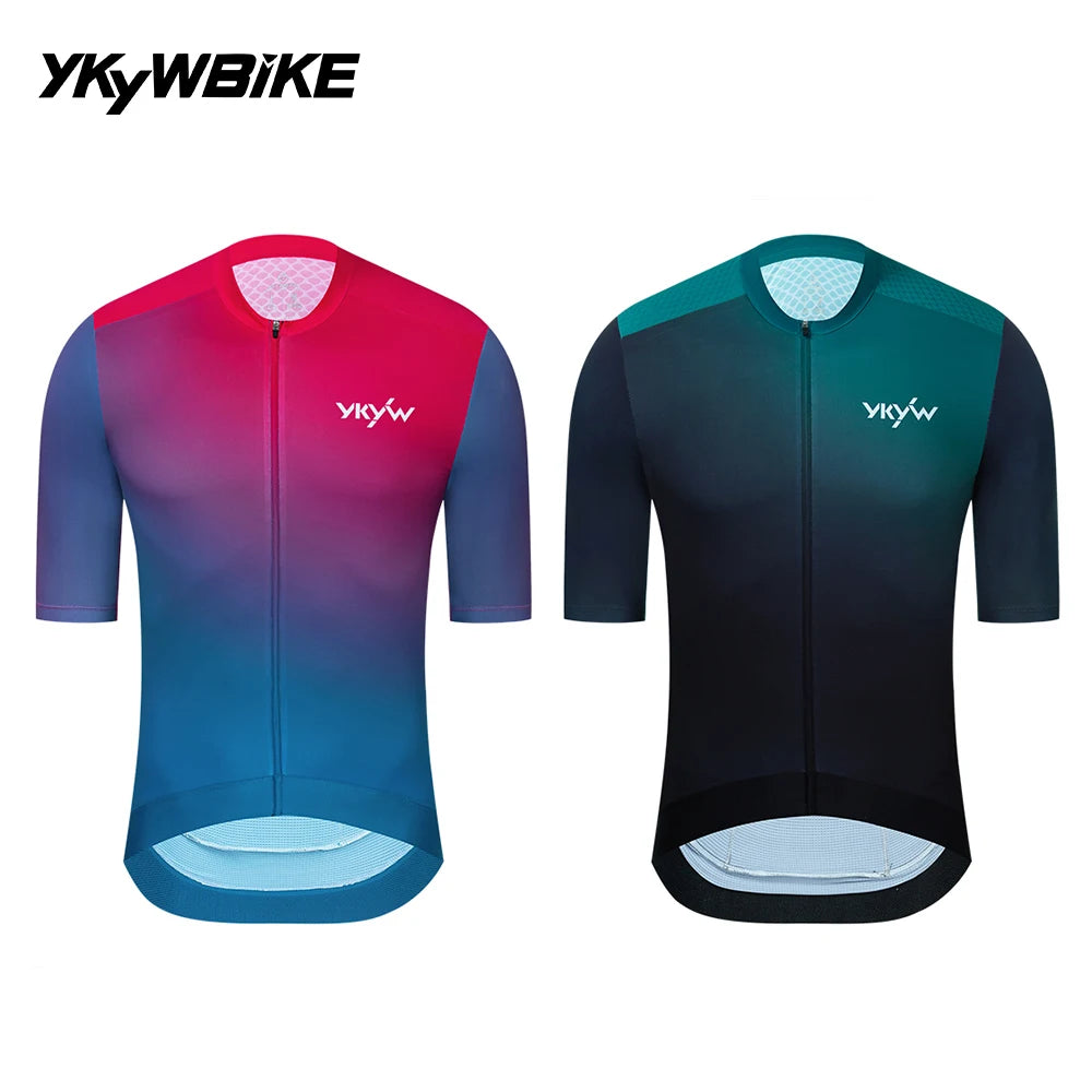 YKYW Men's Short Sleeve Cycling Jersey Summer Quick Drying Wear-resistant Breathable Gradient Bicycle Jersey Road Bike Shirts
