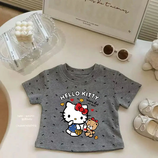 2025 Hello Kitty Anime Kawaii Sanrio Ins Fashion Summer Shirt Cute Printed Kt Cat Casual Hoodie Clothes Baby Gifts Toys