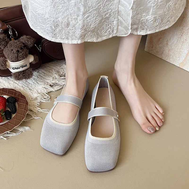New Women's Single Shoes Fashion Square Toe Comfortable Mesh Flat Loafers Buckle Strap Woven Shoes Breathable Casual Soft Sole