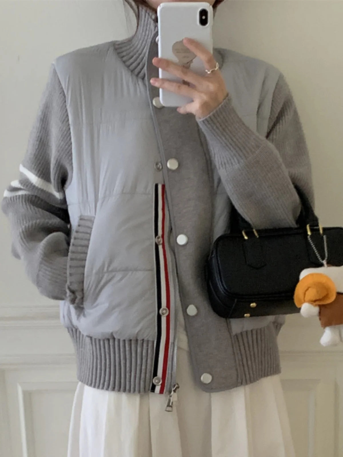 Sli ort Cotton Jaet Women's Winter Knitted Patchwork Slimming Top Stand Collar Long Sve Commute Regular Fit Coat