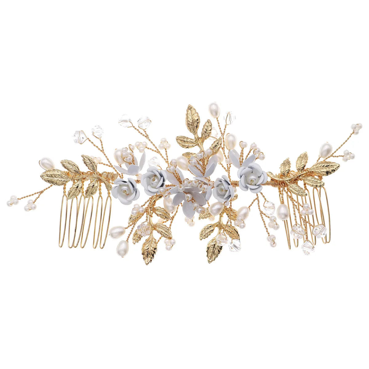 Bride Double Hair Comb Blue Flower Pearl Hairpin European And American Wedding Hair Accessories Fashion Marriage Headwear Gifts