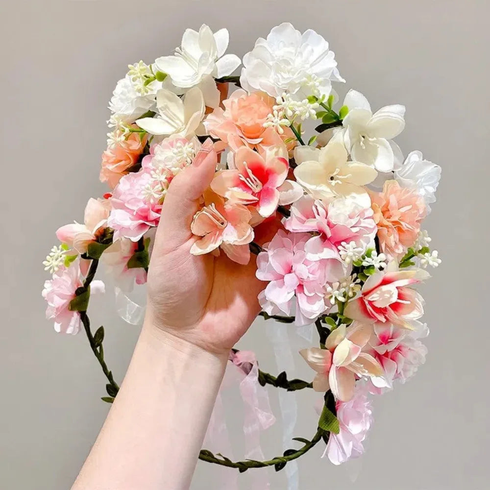 Fascinating Y2k Artificial Flower Fairy Flower Crown with Ribbon Headpiece Flower Headbands Bride Wedding Braided Wreath Women