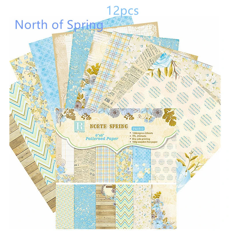 12/24 Vintage Scrapbooking Papers 6 inch Christmas Winter Design Pattern Paper for DIY Album Scrapbook Junk Journal Supplies