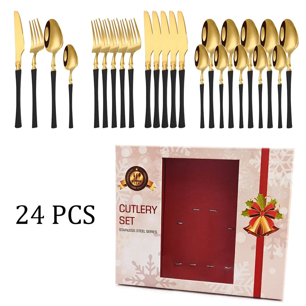 Christmas 24Pcs Gold Dinnerware Stainless Steel Cutlery Set Dinner Flatware Knife Fork Spoon Luxury Kitchen Tableware Gift Box