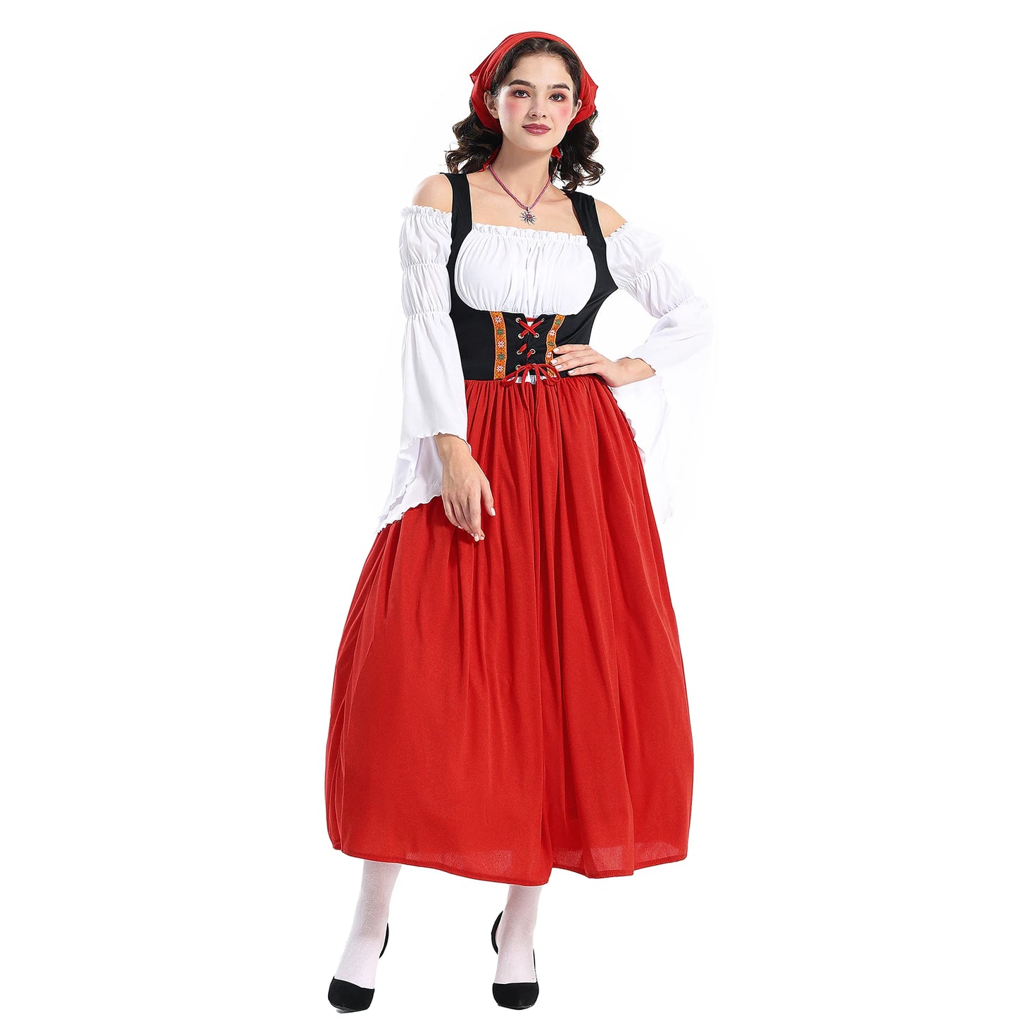 Vintage Halloween Women Maid Outfit Long Sleeve Cold Shoulder Patchwork Long Dress with Hair Scarf Cosplay Costume