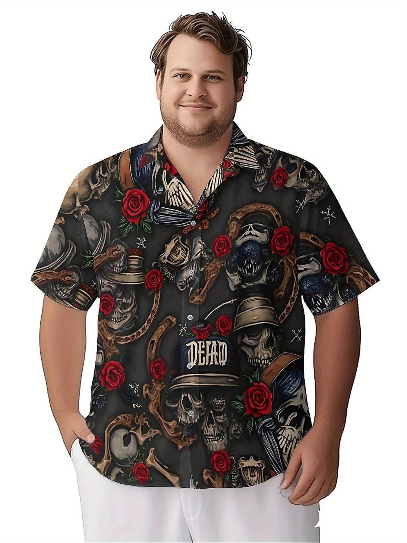 Men's Plus Size Hawaiian Shirts Skull and Rose Dark Style pattern,New in Summer Fashion Tops,Hip Hop Rock Streetwear