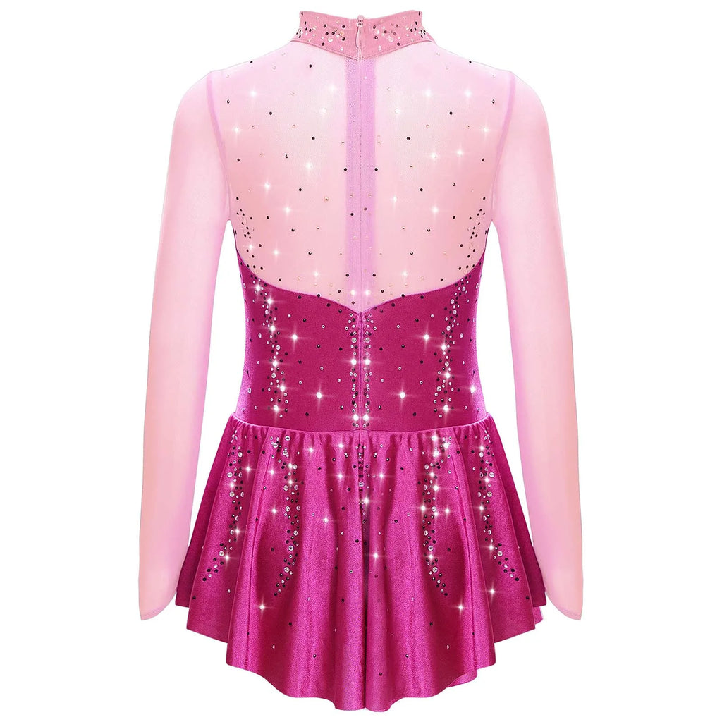 Kids Girls Figure Skating Dance Dress Ballet Lyrical Princess Costume Long Sleeve Color Block Mesh Rhinestones Leotard Dress