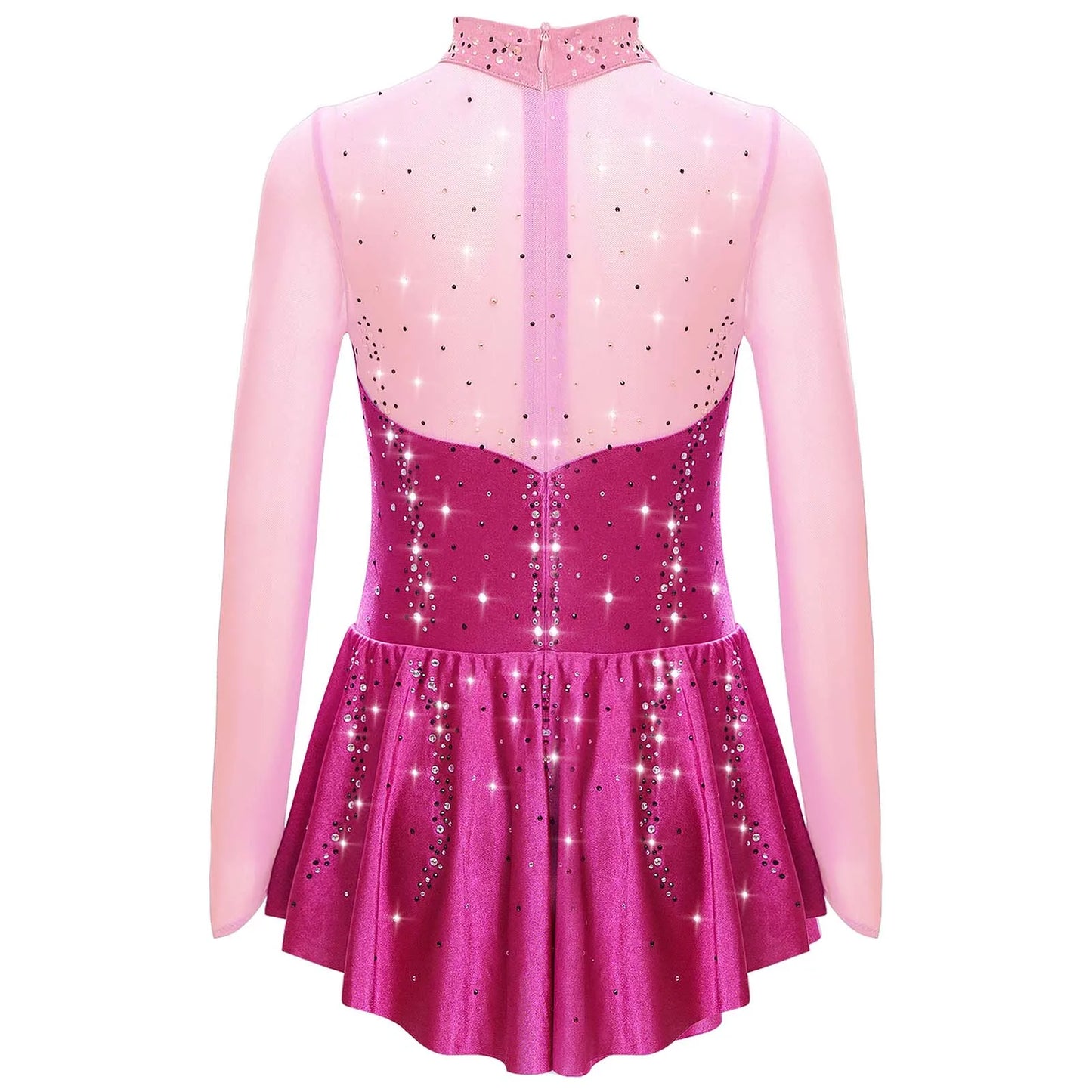 Kids Girls Figure Skating Dance Dress Ballet Lyrical Princess Costume Long Sleeve Color Block Mesh Rhinestones Leotard Dress