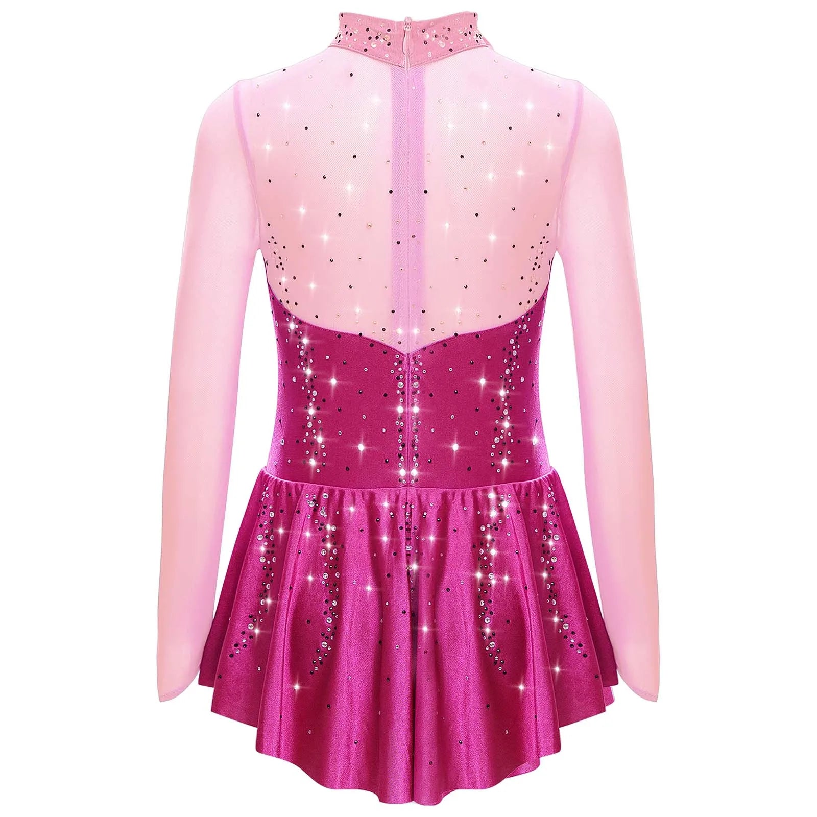Kids Girls Figure Skating Dance Dress Ballet Lyrical Princess Costume Long Sleeve Color Block Mesh Rhinestones Leotard Dress