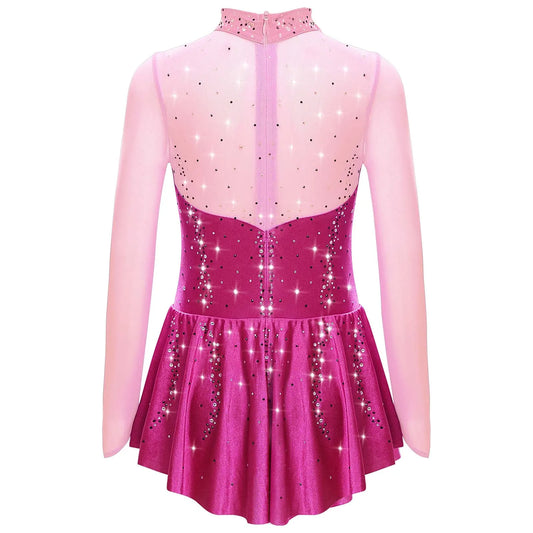 Kids Girls Figure Skating Dance Dress Ballet Lyrical Princess Costume Long Sleeve Color Block Mesh Rhinestones Leotard Dress