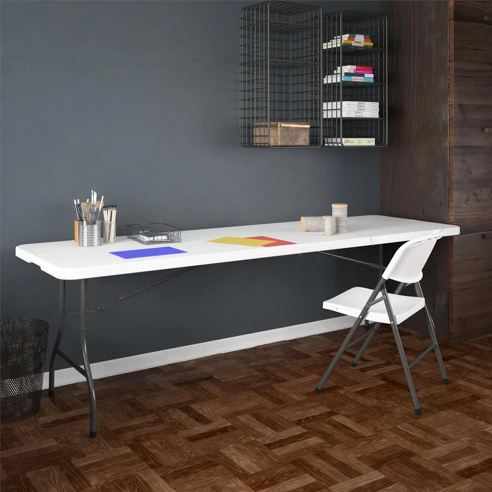 8 Foot Folding Table Waterproof Centerfold Design Heavy Duty Steel Frame Easy Clean Indoor Outdoor Use Portable Space Saving