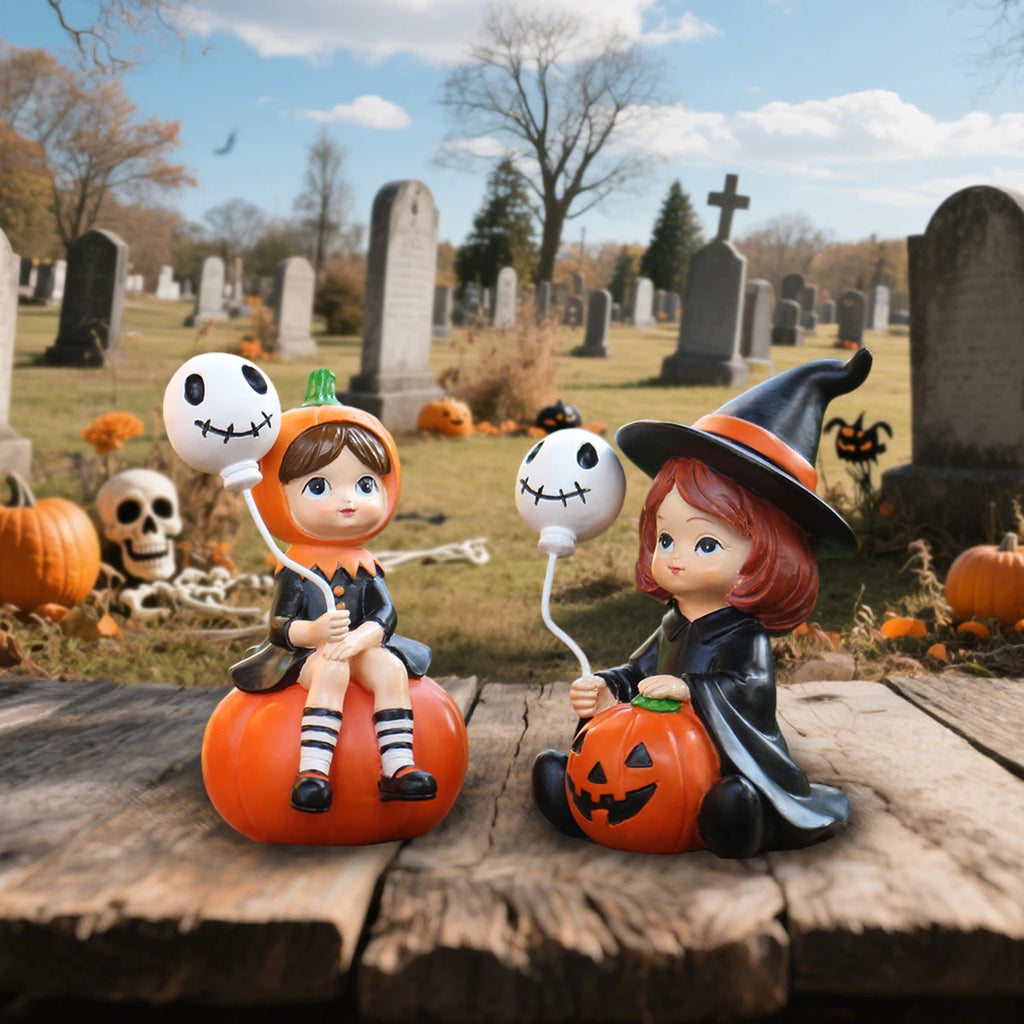 2Pcs Cute Resin Sitting Pumpkin Witch Holding Skeleton Balloon, Halloween Home Desktop Bookcase Halloween Decorations, Outdoor Courtyard Lawn Flower Pot Holiday Atmosphere Decoration