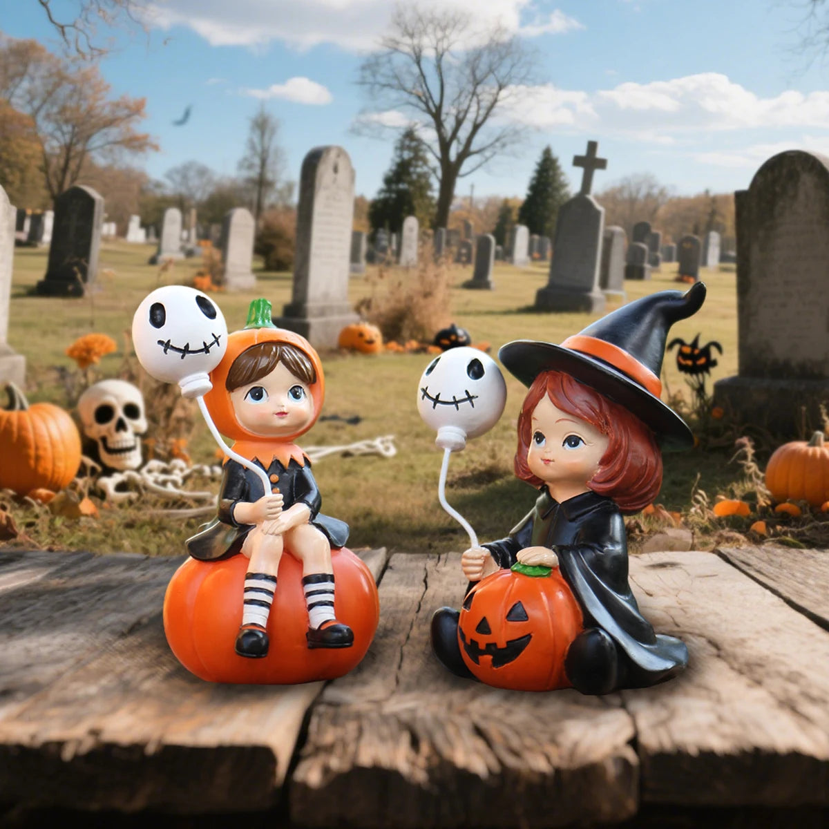 2Pcs Cute Resin Sitting Pumpkin Witch Holding Skeleton Balloon, Halloween Home Desktop Bookcase Halloween Decorations, Outdoor Courtyard Lawn Flower Pot Holiday Atmosphere Decoration