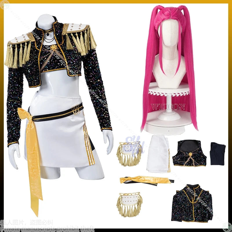 Anime Kpop Demon Cosplay Huntrix Mira For GOLDEN Stage Uniform Black Coat White Mini Dress Kawaii Jirai Kei Girls Korea Idol Cos