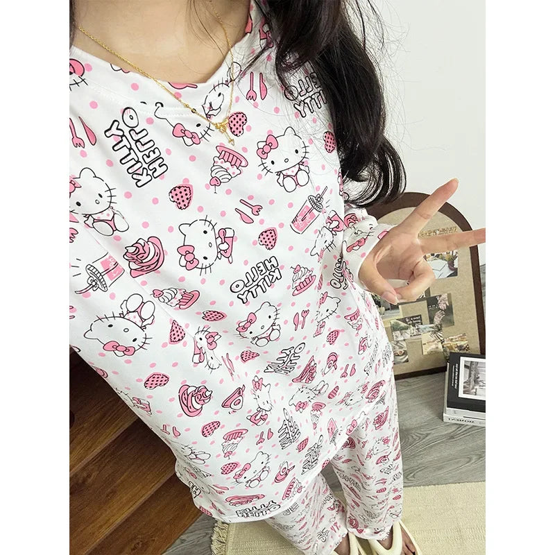 Hello Kitty Cartoon Girl Long Sleeved T Shirt Home Clothes Set Anime Sanrio Print Kawaii Spring Autumn New Trousers Pajama Sweet