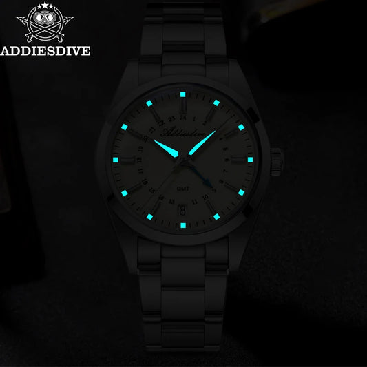 ADDIESDIVE Hot Brand 36mm Luxury GMT Watch Gift for Men 10Bar Waterproof BGW9 Super Luminous 316L Stainless Steel Quartz Watches