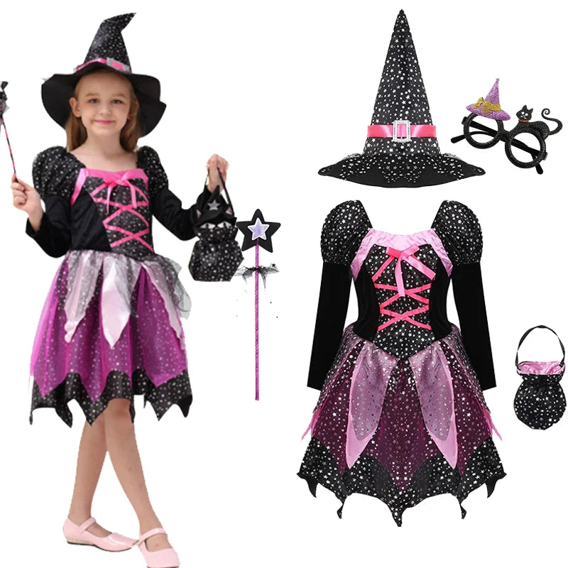 2025 Halloween Baby Girls Witch Dress+Hat+Wand+Candy Bag Costume for Kids Carnival Party Evil Witch Vestidos Set 2-12Yrs Clothes