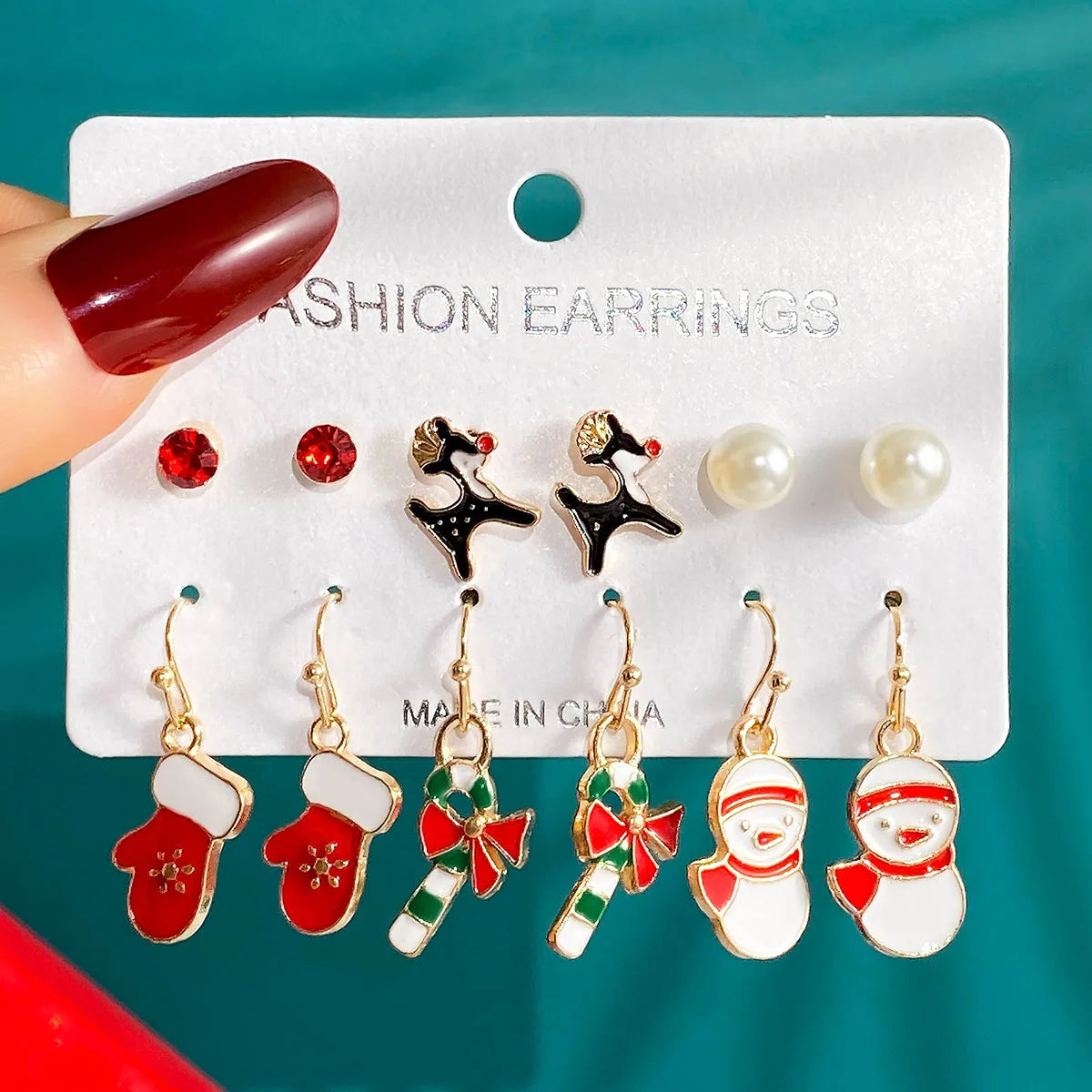 6 Pairs New Christmas Set Cross border Hot Selling Cartoon Dripping Oil Elk Santa Claus Christmas Tree Earrings for Women