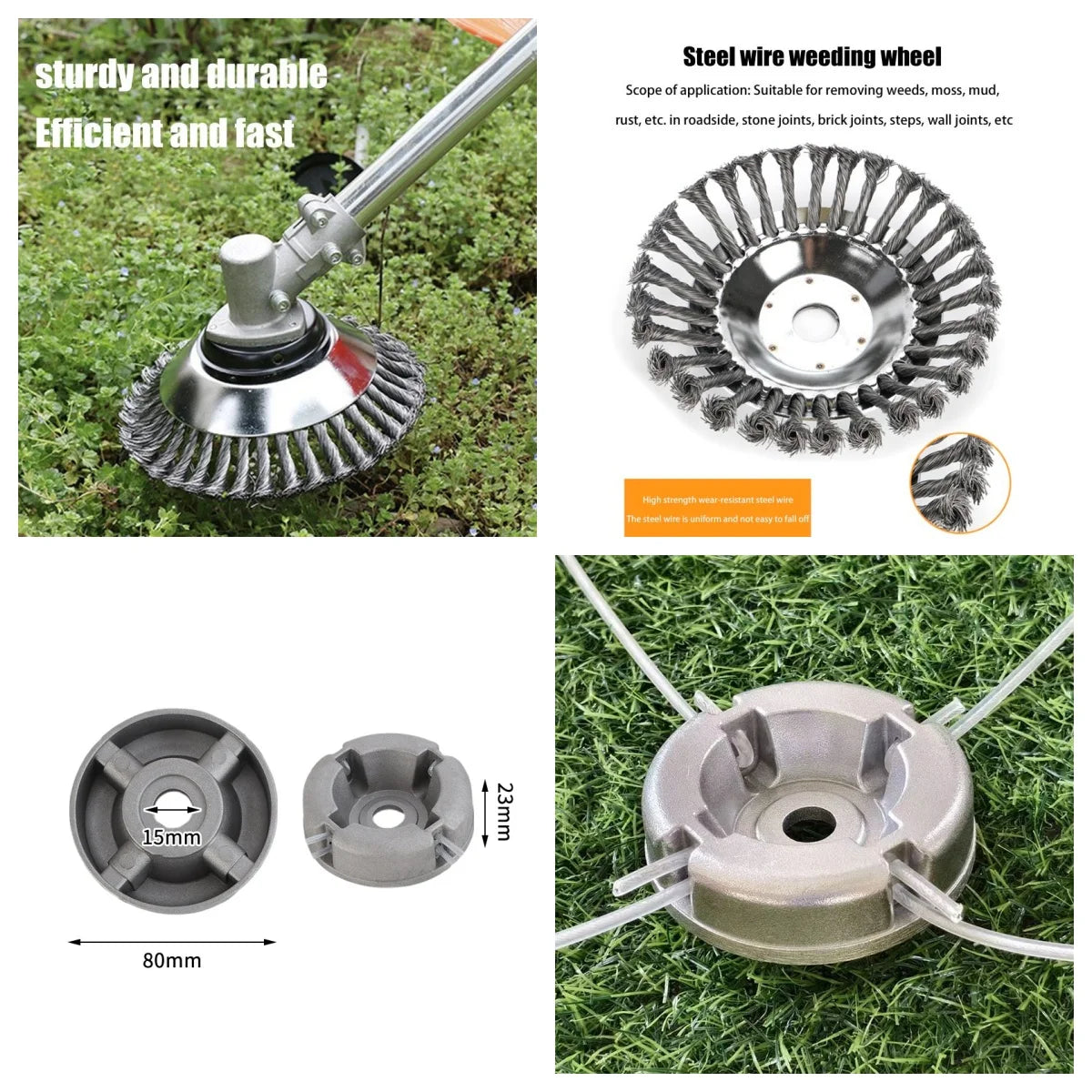 Improved 6 inch Universal Lawn Mower Head, Steel Wire Weed Brush, Garden Cutter Tool with Disc Brush