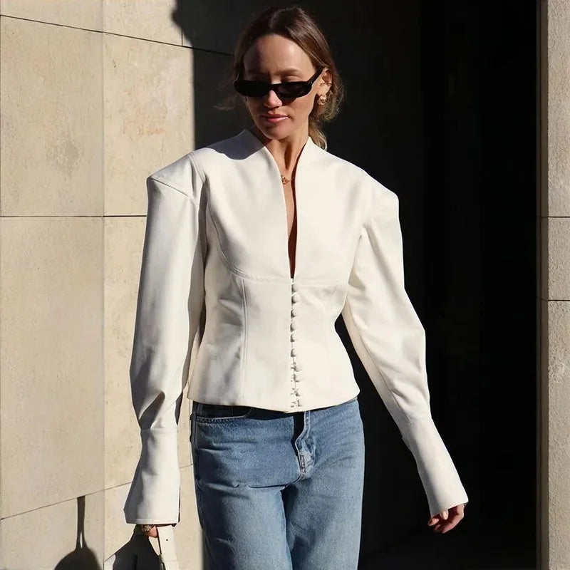 2025 Autumn New Waist-closed Blazer Coat Women's V-neck Long Sleeve Buttons Slim Short Coat Fashion Office Lady Blazer