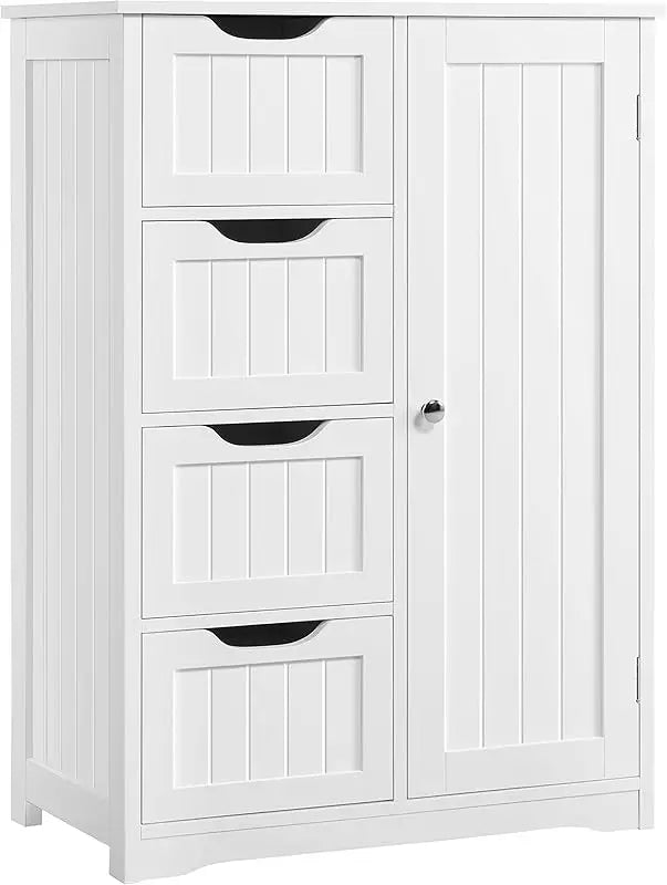 Wooden Floor Cabinet, Side Storage Organizer with 4 Drawers and 1 Cupboard, Freestanding Entryway Storage Unit Console