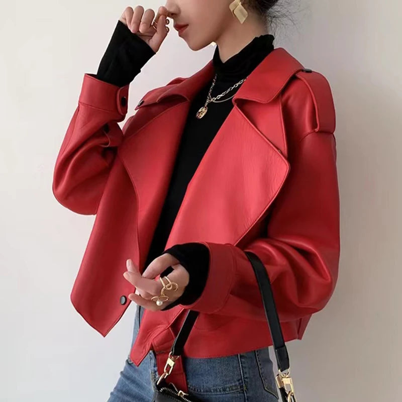 Women's Sheepskin Coat Plus Size Short Loose Veste Femme Large Lapel Pocket Gray/Dark Green/Pink/Khaki Locomotive Leather Jacket