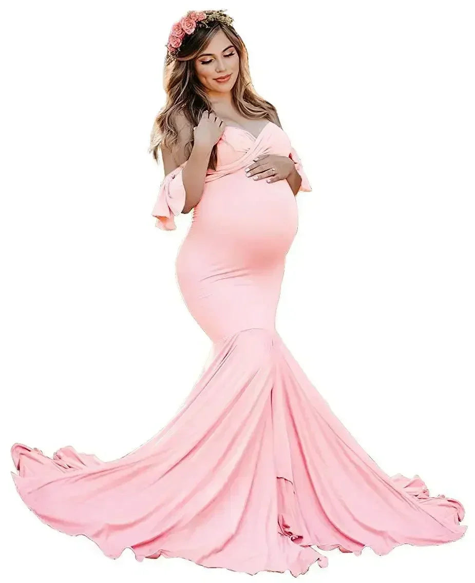 Mermaid Maternity Cotton Dresses Photo Shoot Pregnant Women Sexy Shoulderless Pregnancy Baby Shower Photography Props Clothes