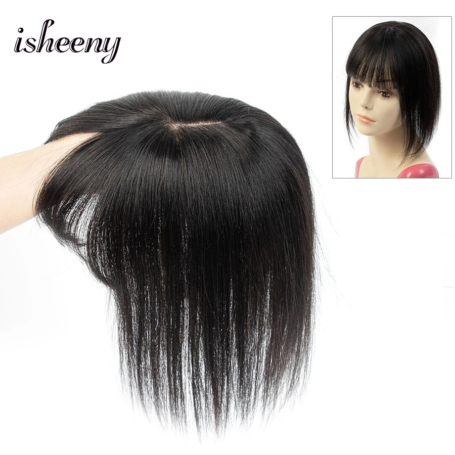 isheeny Dark Brown Human Hair Toppers 8x12cm Real Natural Invisible Top Hairpiece 8-14 inches Black Blonde Clip In Hair Piece