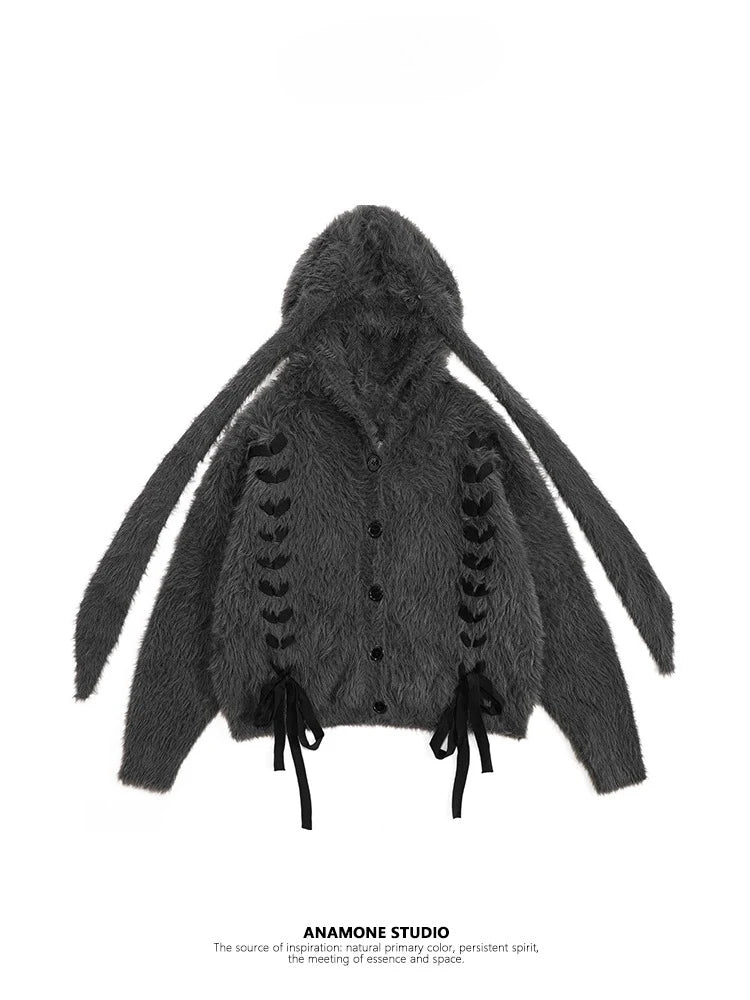 Y2K Subculture Japanese Original Rabbit Ear Hooded Sweater Winter Cute Style Sweet Soft Girl Cardigan Coat for Women