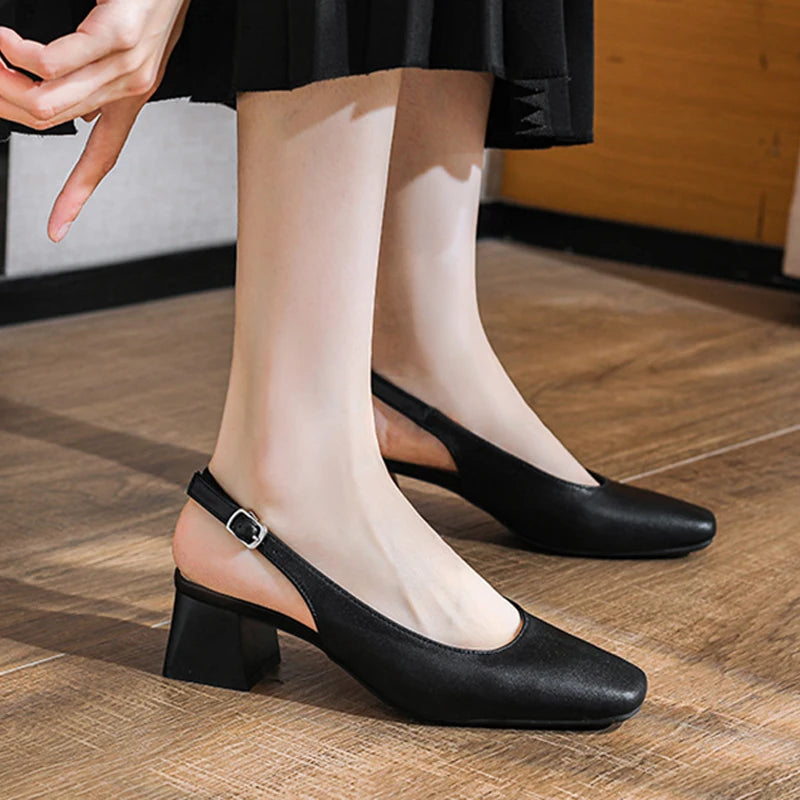 Oulylan Women Trendy Buckle Strap Sandals Plus Size Thick Heeled Slipper Summer Square-toed High Heels Elegant Pure Color Sandal