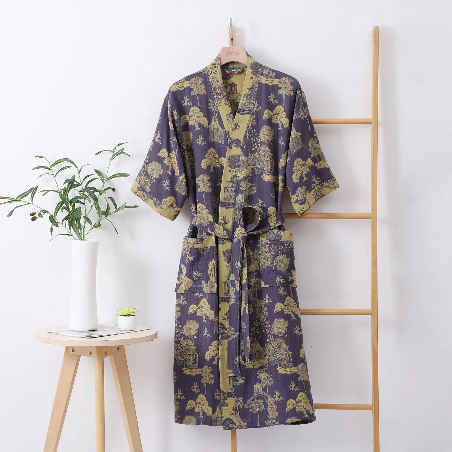 Double Layer Cotton Gauze Long Robe Retro Jacquard Kimono Bathrobe Gown Spring Summer Sleepwear Couple Pijama Loose Lingerie