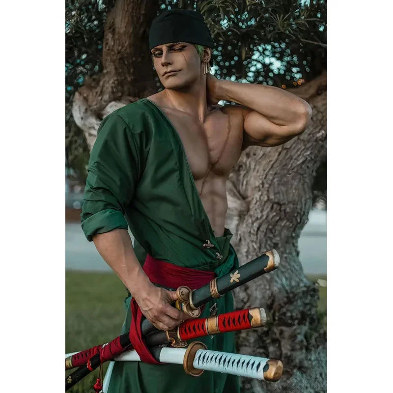2025 ❤ New Anime Piece Pirate Cosplay Costume Roronoa Zoro Kostum Two Year Later Wig Earrings Black Green Coat Belt Pants ★★