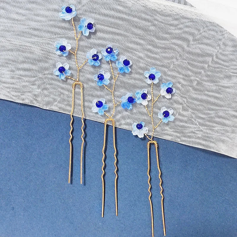 3PCS Women Blue Color Flower Hairpin Stick Wedding Bridal Crystal Pearl Hairpin U Shaped Hair Clip Barrettes Hair Accessories