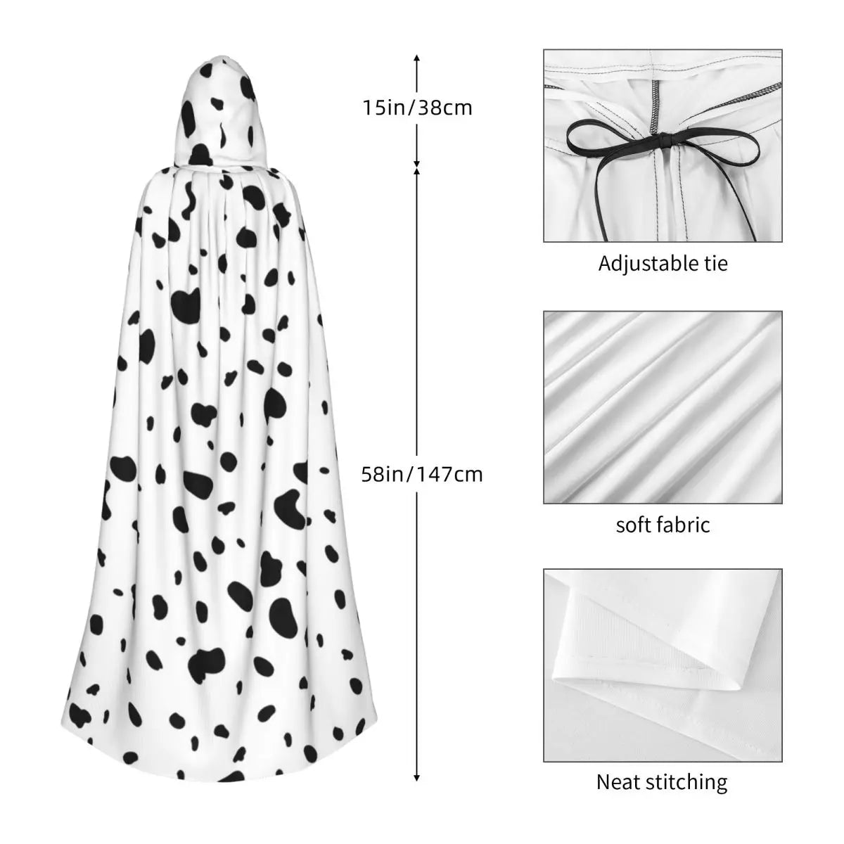 Dalmatian White And Black Dalmatian Dog Print Long Hooded Cloak Witch Medieval Costume Cosplay Cape HalloweenParty Adult Unisex