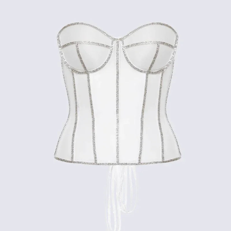 Luxury Crystal Women Corset Slim Bright Rhinestone Vest Sexy Transparent Mesh Bra Black Lace Netting Female Bustiers Lingerie