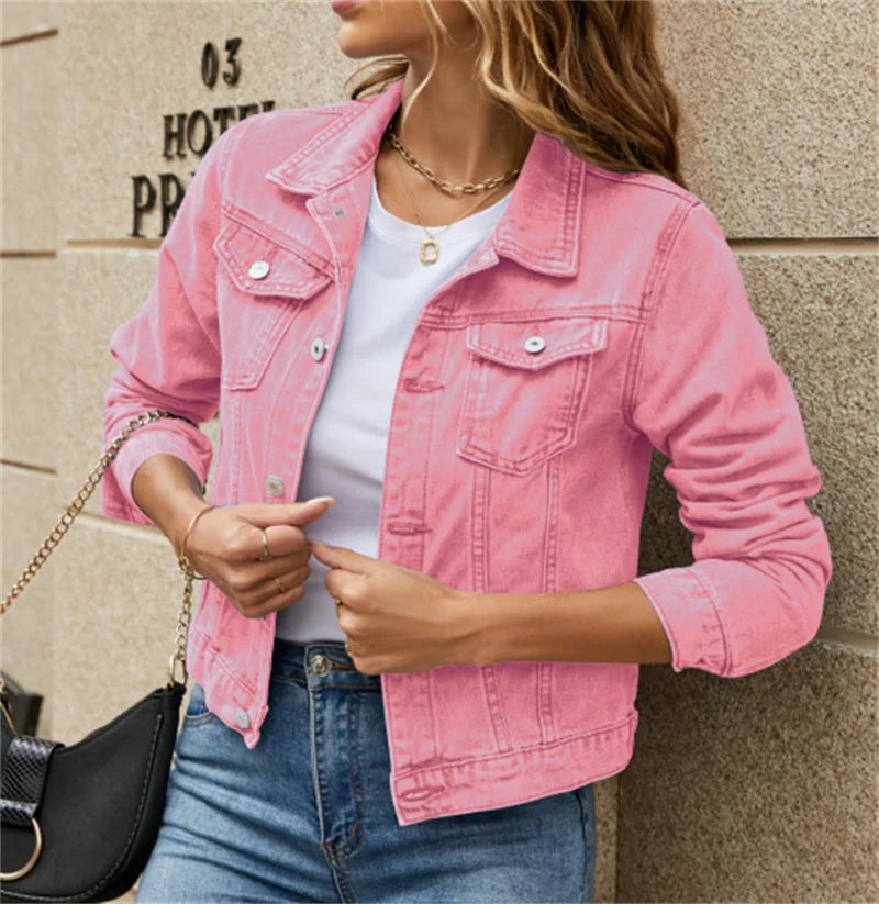 New Women Short Denim Jackets Fashion Female Casual Long Sleeve Lapel Solid Button Pocket Slim Jean Jacket Fall Winter Coat