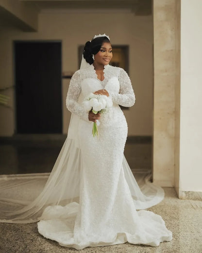 New Luxury Plus Size African Mermaid Wedding Dress Long Sleeve V Neck Lace Beaded Lace Bridal Dress Vestido De Novia Customized