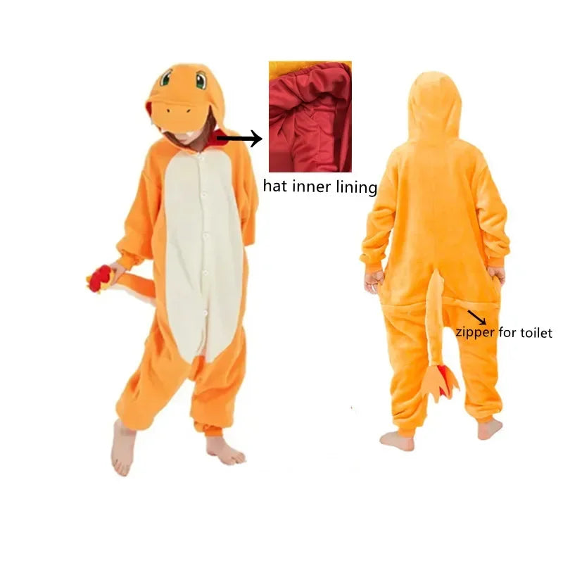 TAKARA TOMY Charmander Dragon Kigurumi Kids Flannel Zipper Cosplay Costume Halloween Children Dragon Christmas Gift Sleepwear