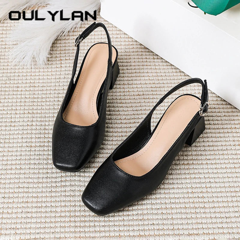 Oulylan Women Trendy Buckle Strap Sandals Plus Size Thick Heeled Slipper Summer Square-toed High Heels Elegant Pure Color Sandal
