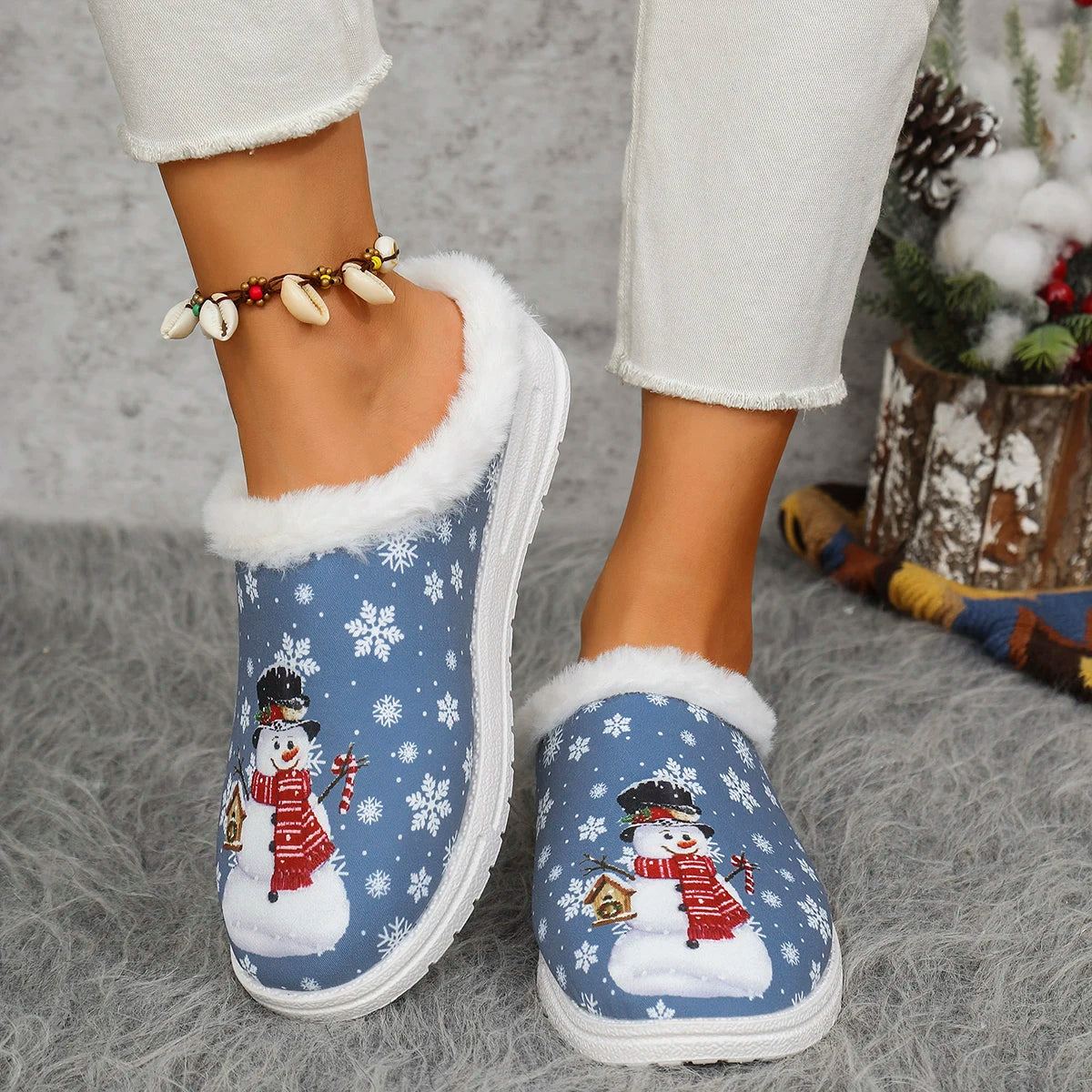 Snowman Pattern Women's Slippers Lightweight Anti-Slip Thick Warm Home Fur Slippers Christmas Design Cozy Indoor Footwear