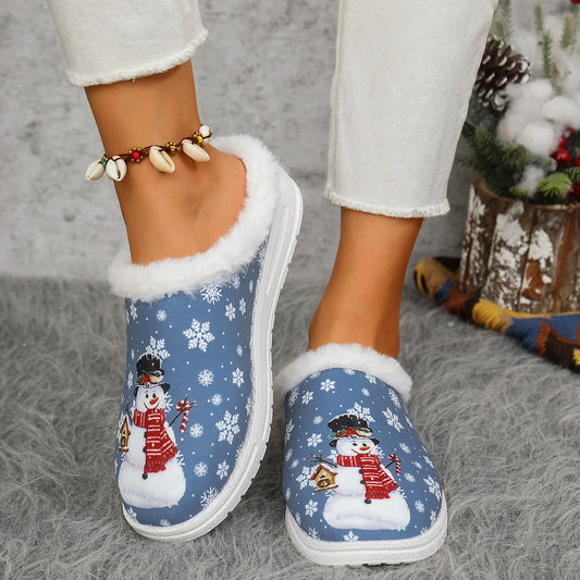 Snowman Pattern Women's Slippers Lightweight Anti-Slip Thick Warm Home Fur Slippers Christmas Design Cozy Indoor Footwear