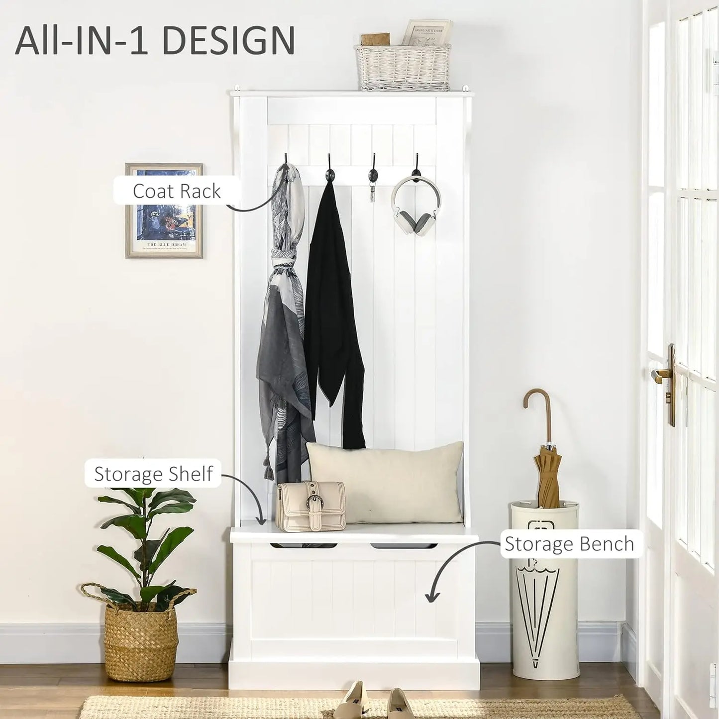 Hall Tree with Bench and Shoe Storage, 3-In-1 Entryway Bench with Coat Rack, 4 Hooks and Flip Top Storage Compartment, White