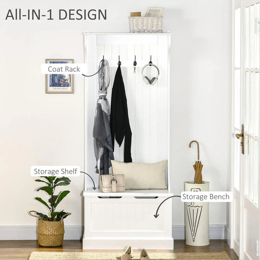 Hall Tree with Bench and Shoe Storage, 3-In-1 Entryway Bench with Coat Rack, 4 Hooks and Flip Top Storage Compartment, White