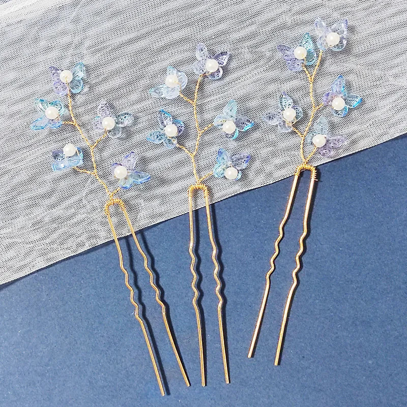 3PCS Women Blue Color Flower Hairpin Stick Wedding Bridal Crystal Pearl Hairpin U Shaped Hair Clip Barrettes Hair Accessories