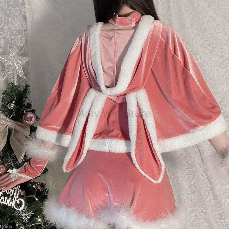 Christmas Dresses for Women Pink Halter Dress Suit with Cloak Sexy Bunny Girl Lingerie Set