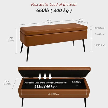 Leather Storage Ottoman Bench,End of Bed Bench Living Room Bedroom Dinning Room Entryway,Loads 660 lb (Without Button, Brown)