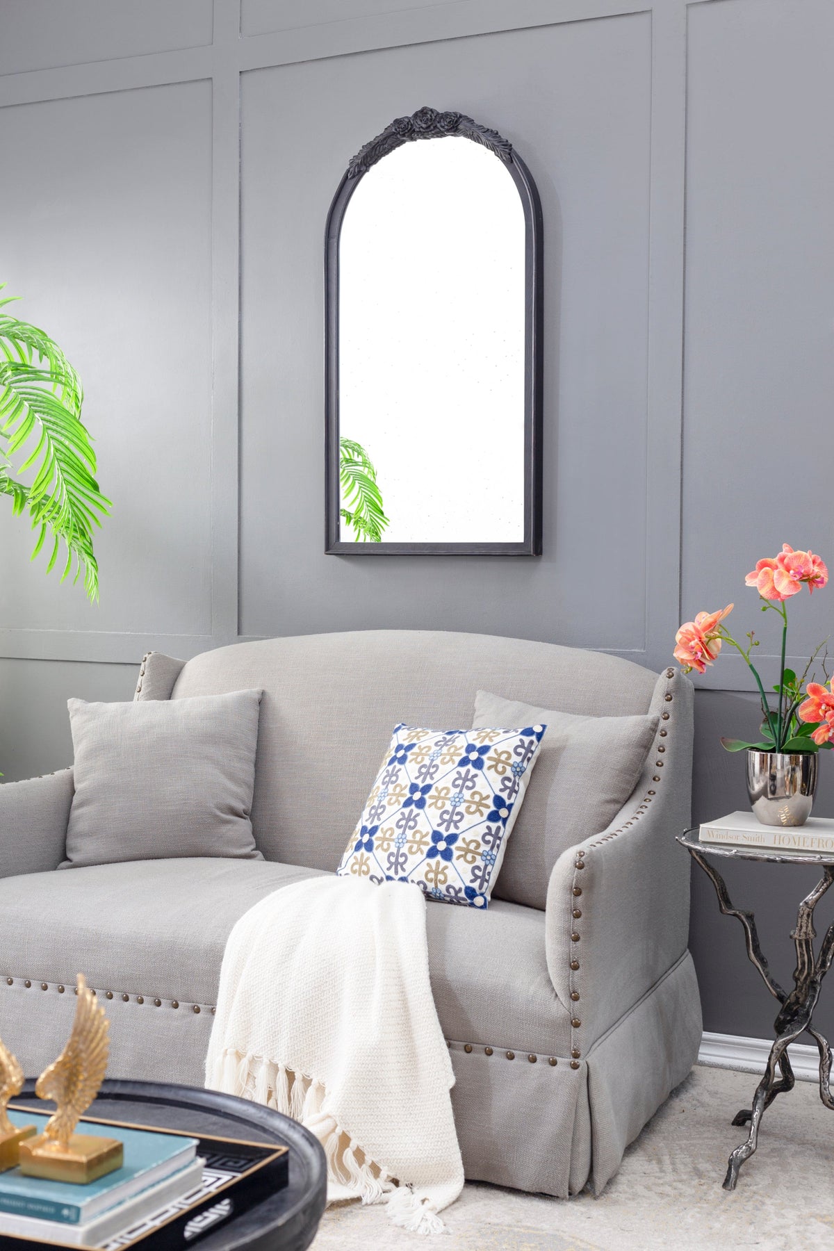 Hand-Carved Rose Arched Wall Mirror, Available in 2 Colors