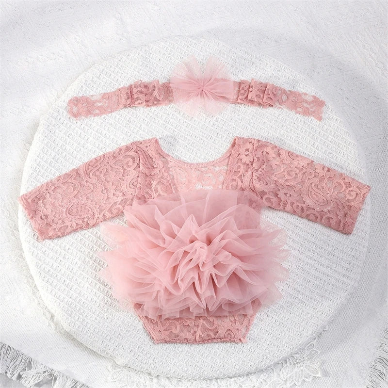 Newborn Toddler Baby Girl Romper Outfit Flower Lace Longsleeve Princess Romper Jumpsuits Tutu Dress Summer Fall Clothes Photo