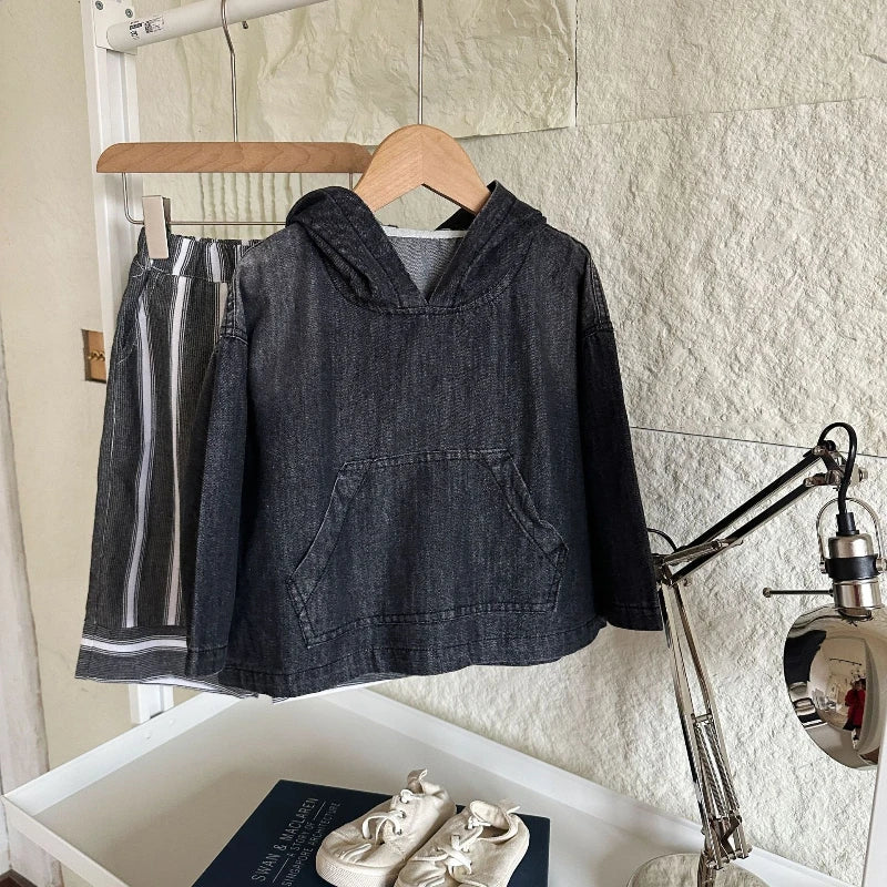 2025 Autumn/winter New Children's Retro Forest Style Design with Original Color Hooded Denim Jacket